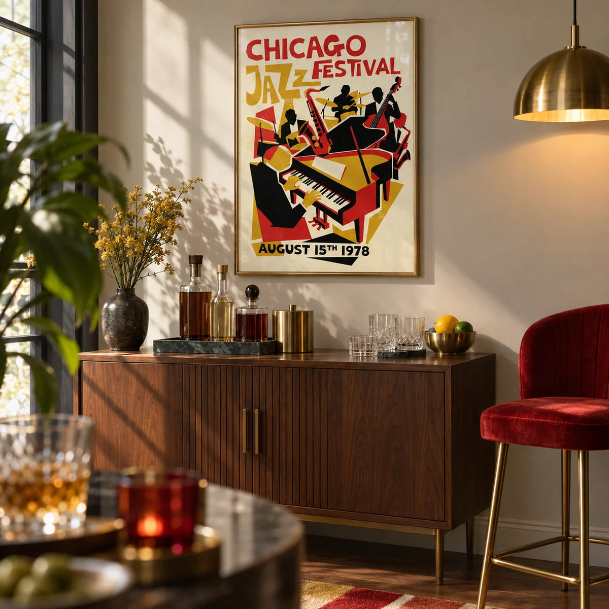 Chicago Jazz Festival Poster, framed on the wall of a stylish home bar corner in a living room