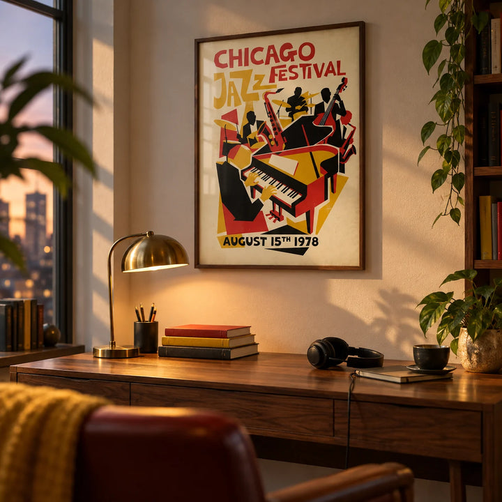Chicago Jazz Festival Poster, framed on the wall of a warm study den