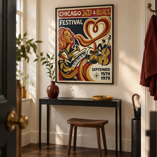 Chicago Jazz Festival Print, framed on the wall of a characterful entrance hallway in a UK maisonette with cream plaster walls and dark timber flooring