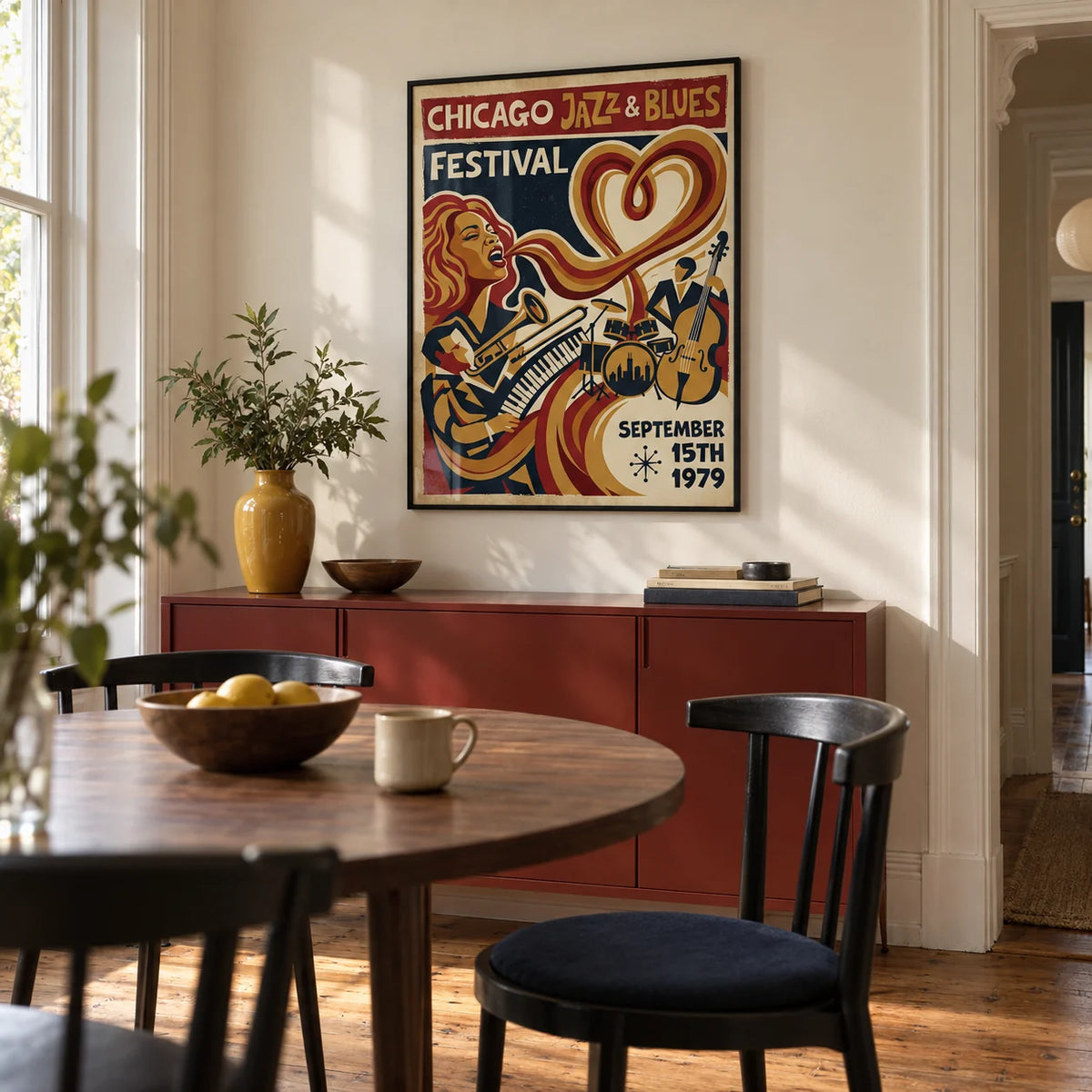 Chicago Jazz Festival Print, framed on the wall of a compact modern dining room in a Victorian terrace with cream walls and a plain timber floor