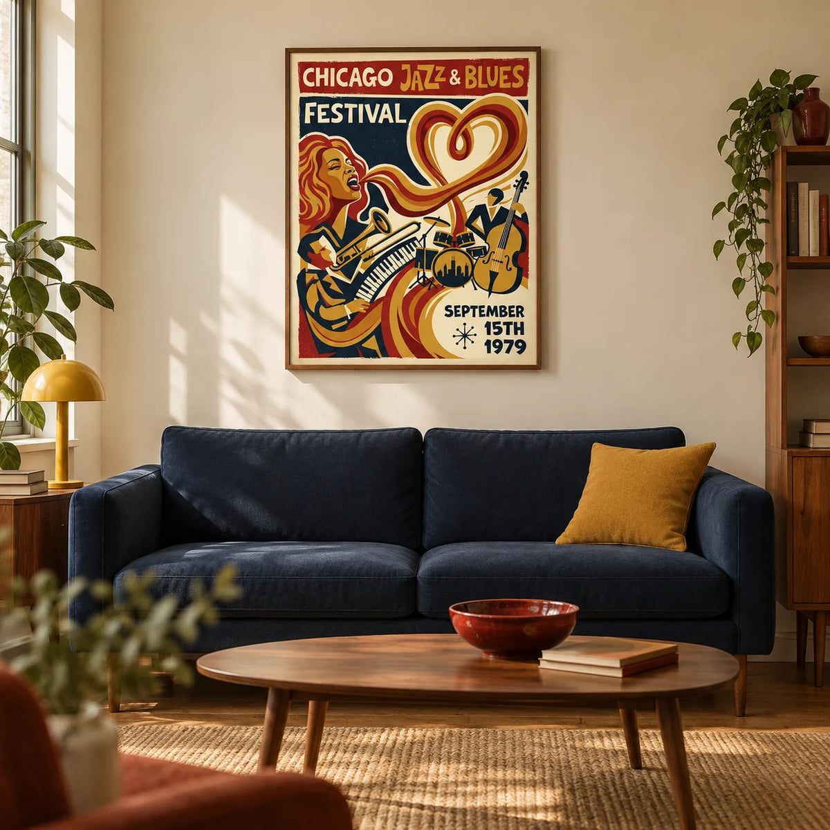 Chicago Jazz Festival Print, framed on the wall of a design-led living room in a UK city flat with warm cream walls and walnut floorboards