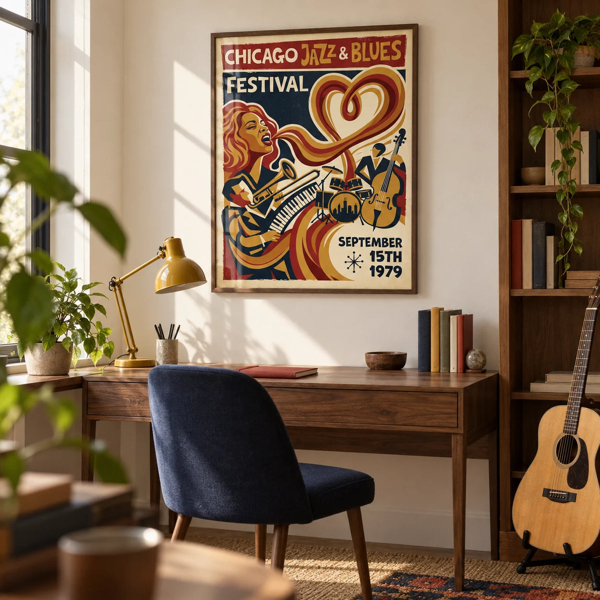 Chicago Jazz Festival Print, framed on the wall of a music lover's home study with a warm white wall and simple fitted walnut shelving