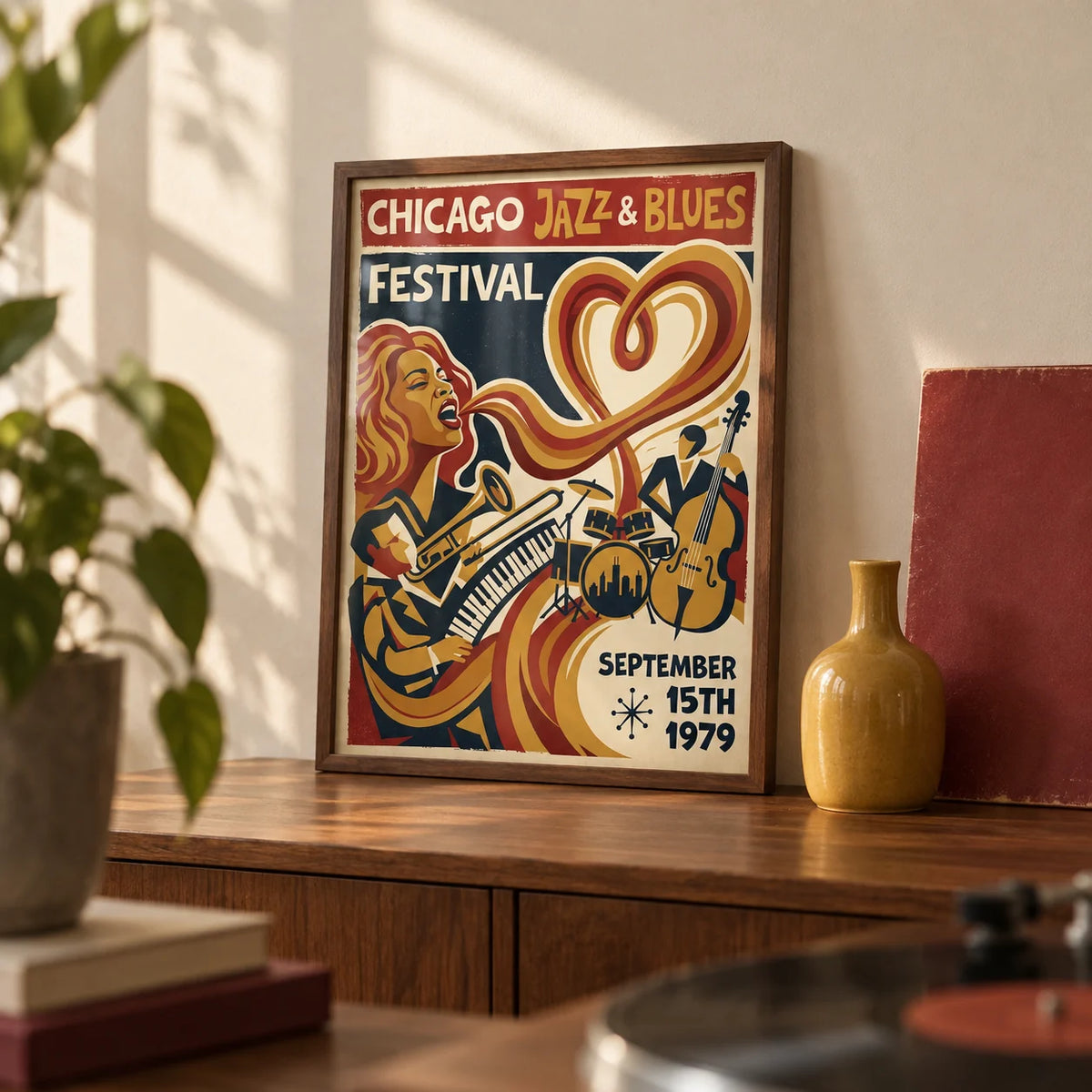 Chicago Jazz Festival Print, a small A4 framed print leaning on a walnut sideboard in a living room