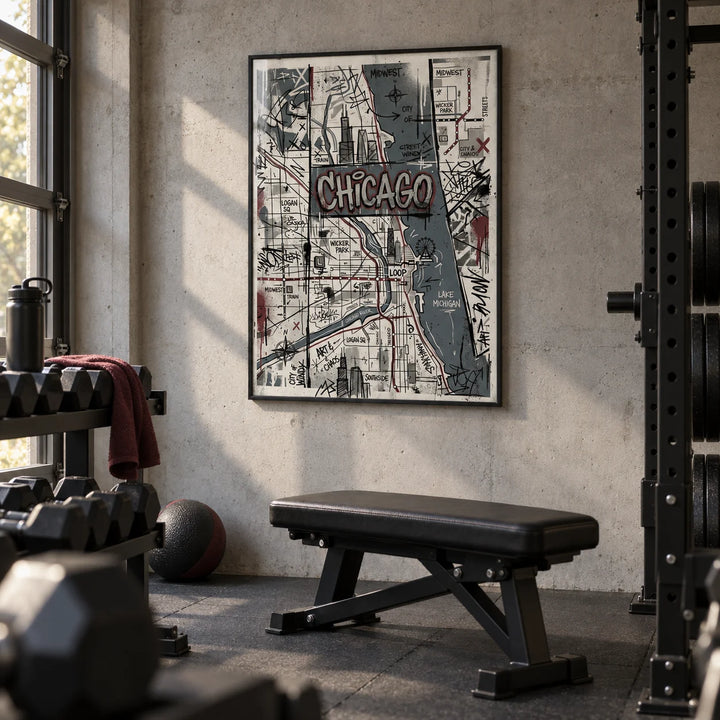 Chicago Street Art, framed on the wall of a home gym in a converted garage with grey rubber flooring and a plain concrete wall