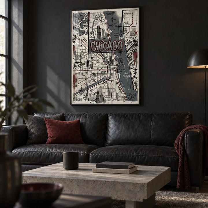 Chicago Street Art, framed on the wall of a man cave den with a deep charcoal wall in a living room