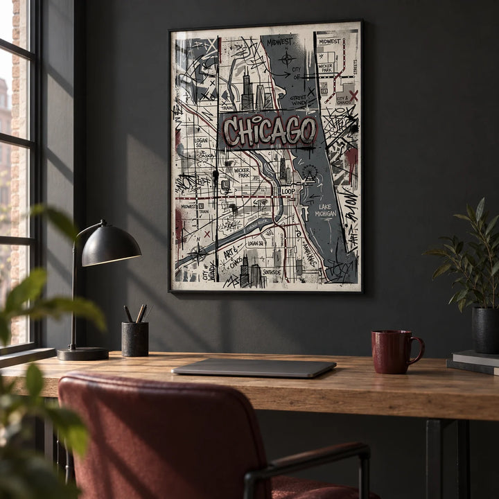 Chicago Street Art, framed on the wall of an urban home office with a charcoal painted wall