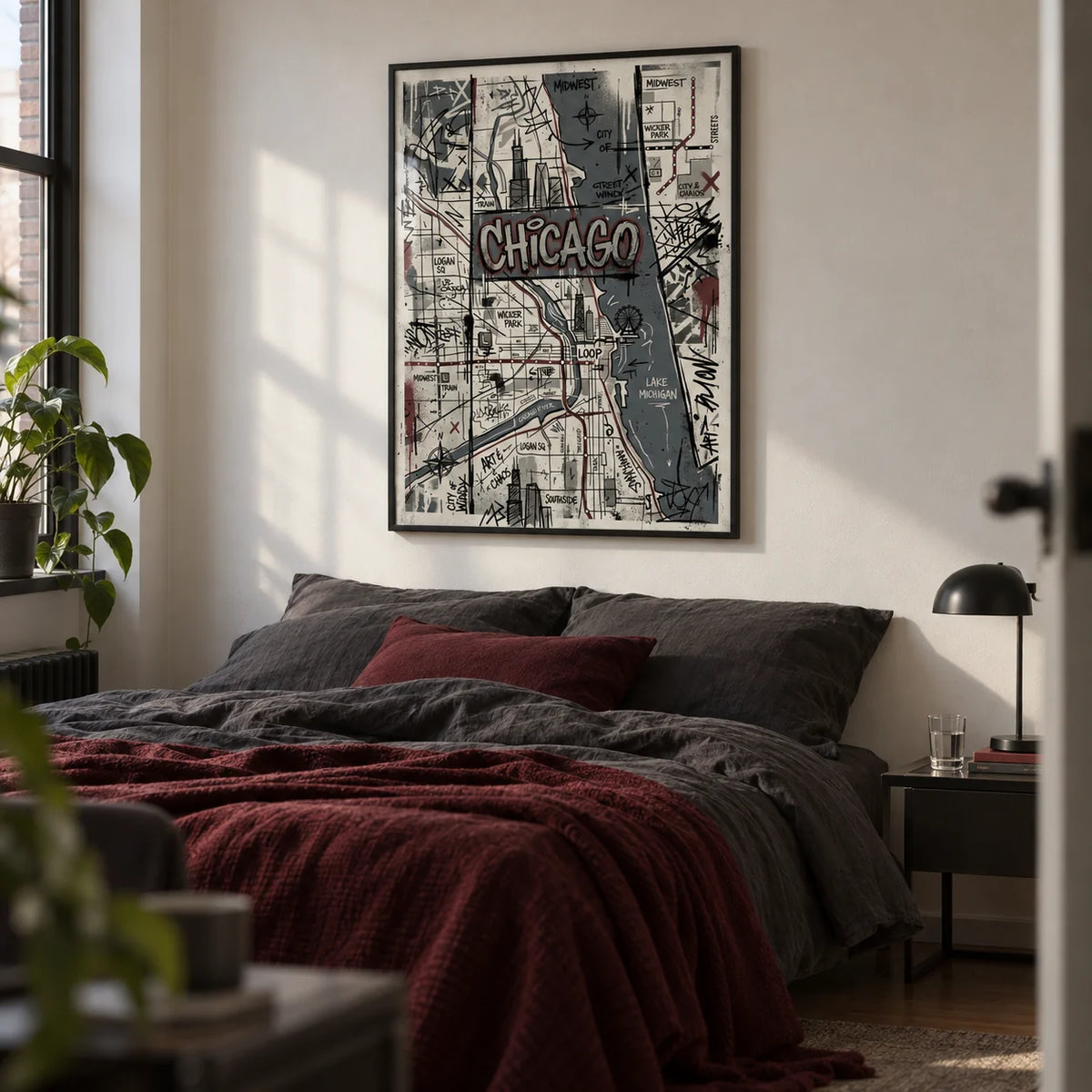 Chicago Street Art, framed on the wall of a young adult's first-flat bedroom (22-28) with a plain off-white wall