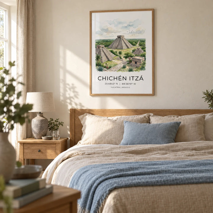 Chichen Itza Art Print, framed on the wall of a calm bedroom in a travel-loving couple's UK home with soft cream plaster walls