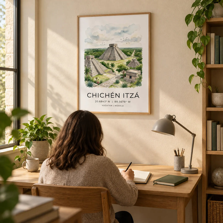 Chichen Itza Art Print, framed on the wall of a quiet home study for an architecture enthusiast with a pale sandy wall and a simple oak desk