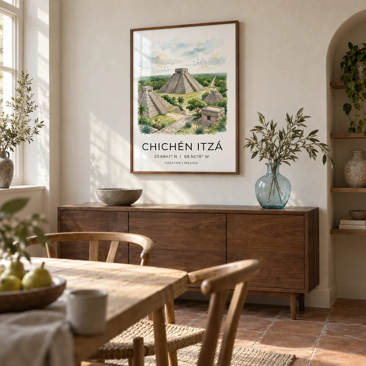 Chichen Itza Art Print, framed on the wall of a relaxed dining room in a renovated UK home with warm white plaster walls and plain terracotta floor tiles
