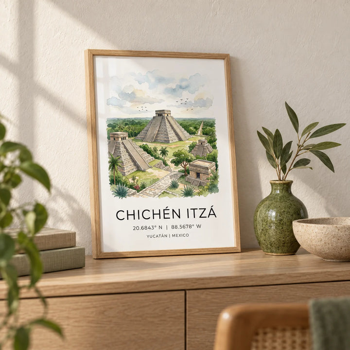 Chichen Itza Art Print, a small A4 framed print leaning on a pale oak sideboard in a living room
