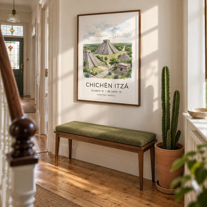Chichen Itza Art Print, framed on the wall of a welcoming hallway in a UK Victorian terrace with warm white walls and restored wooden floorboards