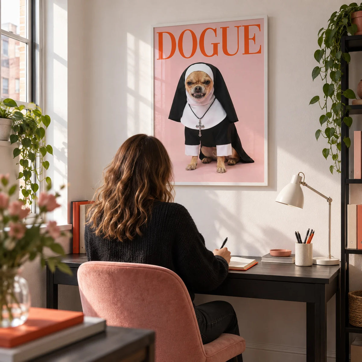 Chihuahua Nun Costume Art, framed on the wall of a compact creative home study in a UK city flat with a white wall and a dusty pink desk chair