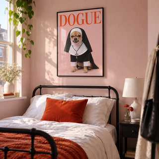 Chihuahua Nun Costume Art, framed on the wall of a fashion-loving young adult's bedroom (18-25) in a UK flat with pale pink walls