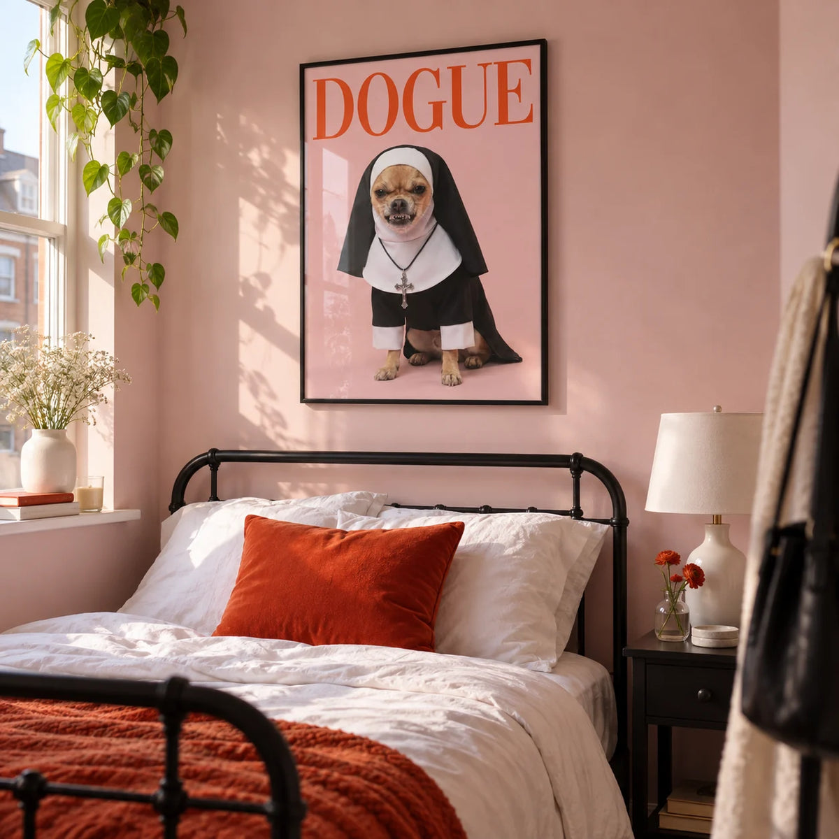 Chihuahua Nun Costume Art, framed on the wall of a fashion-loving young adult's bedroom (18-25) in a UK flat with pale pink walls