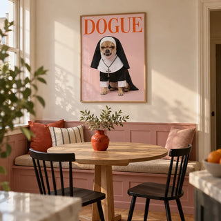 Chihuahua Nun Costume Art, framed on the wall of a modern dining nook in a UK maisonette with a warm white wall and a built-in bench painted dusty pink