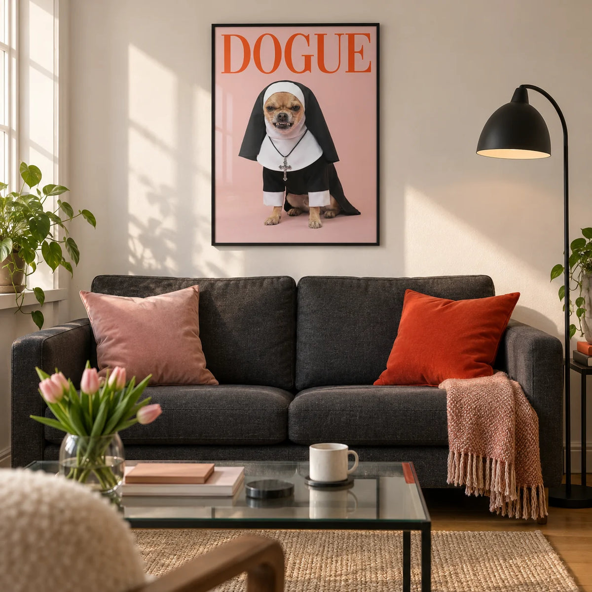 Chihuahua Nun Costume Art, framed on the wall of a modern living room in a UK first flat for a fashion-conscious adult (22-30)