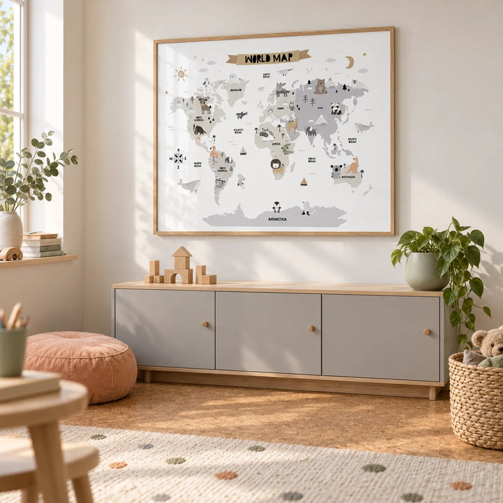 Childs World Map, framed on the wall of a bright family playroom with a warm white wall and cork floor