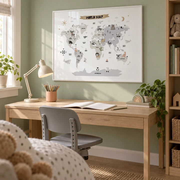 Childs World Map, framed on the wall of a quiet homework corner in a primary-school child's room in a UK family home with a soft sage wall