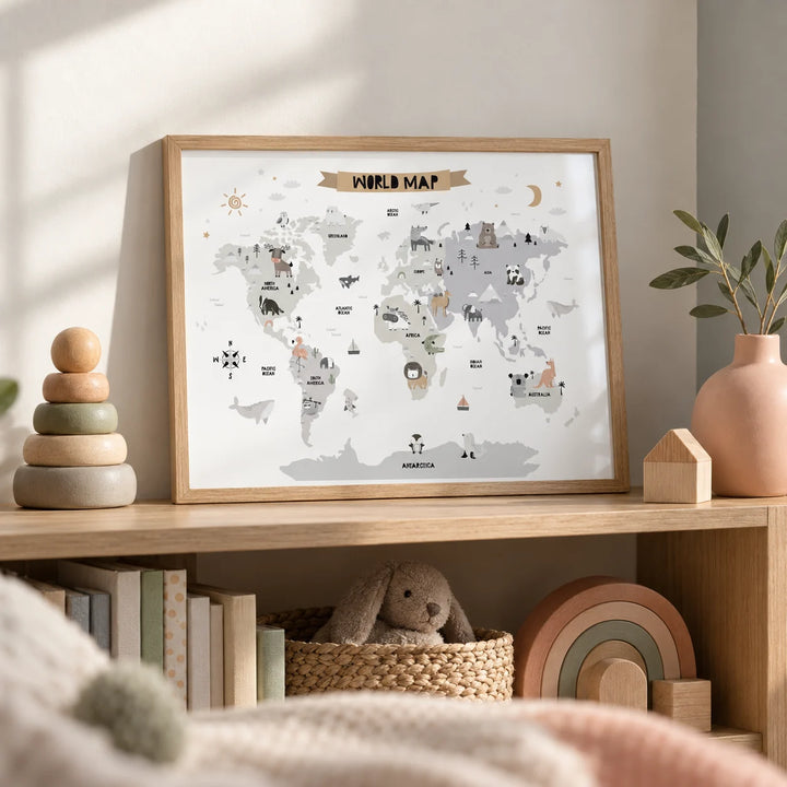 Childs World Map, a small A4 framed print leaning on a low oak nursery bookshelf