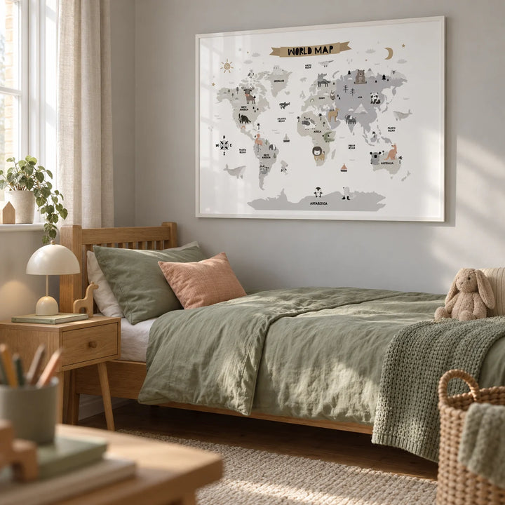 Childs World Map, framed on the wall of a softly Scandinavian child's single bedroom in a UK terraced house with a pale grey wall