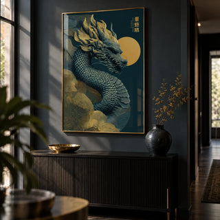 Chinese Dragon Art Print, framed on the wall of a dark hallway