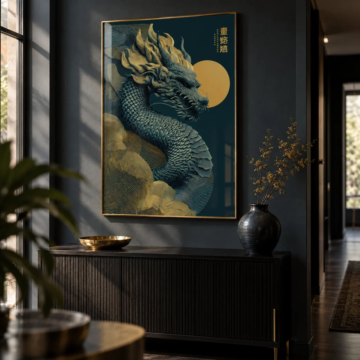 Chinese Dragon Art Print, framed on the wall of a dark hallway