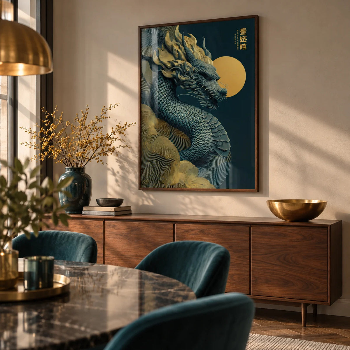 Chinese Dragon Art Print, framed on the wall of a luxe dining room