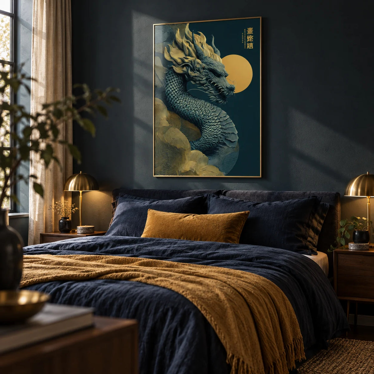 Chinese Dragon Art Print, framed on the wall of a moody bedroom