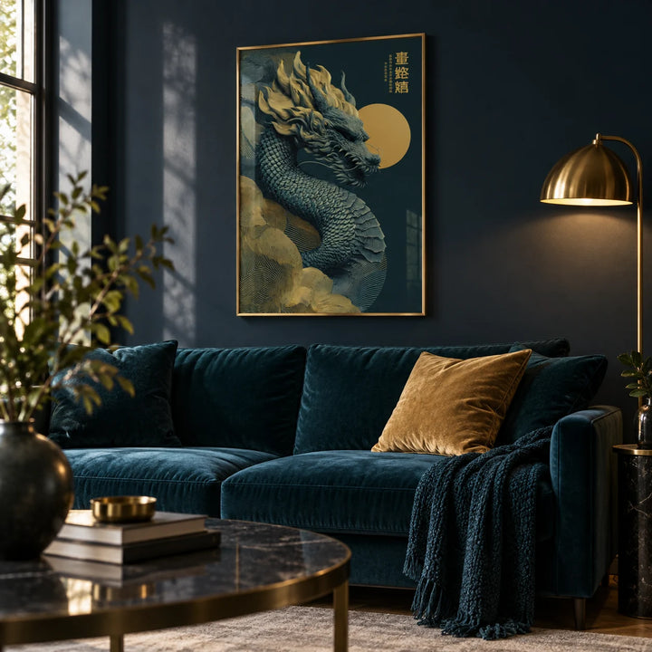 Chinese Dragon Art Print, framed on the wall of a moody living room with a dark navy wall
