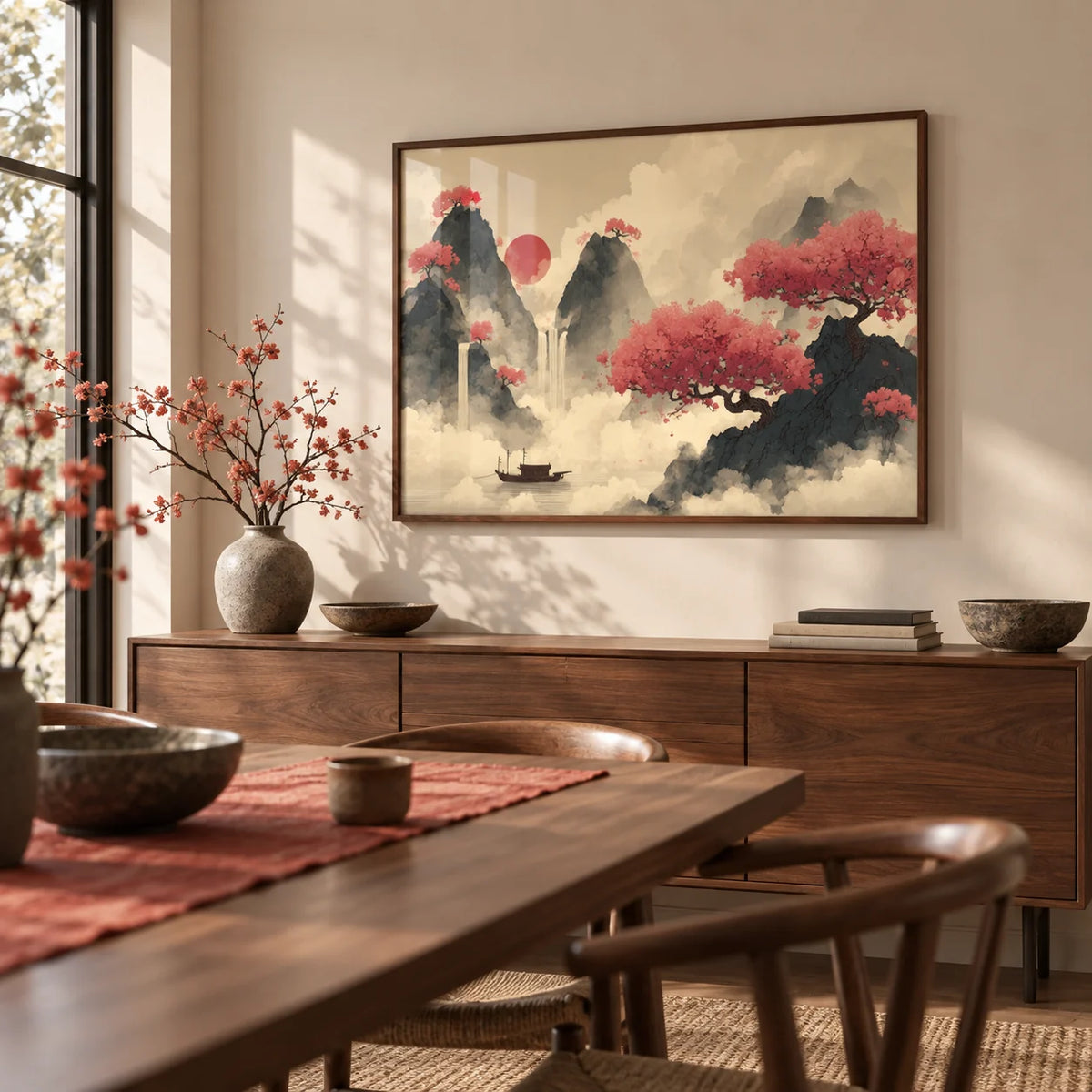 Chinese Ink Wall Art, framed on the wall of a calm dining room