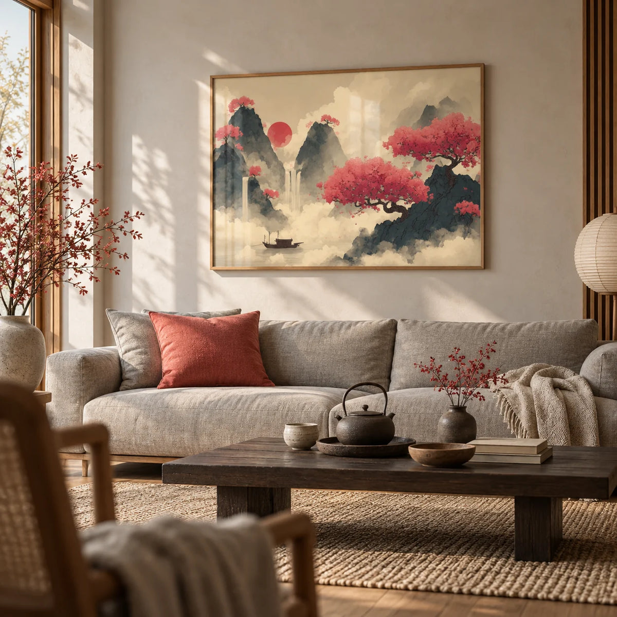 Chinese Ink Wall Art, framed on the wall of a calm Japandi living room