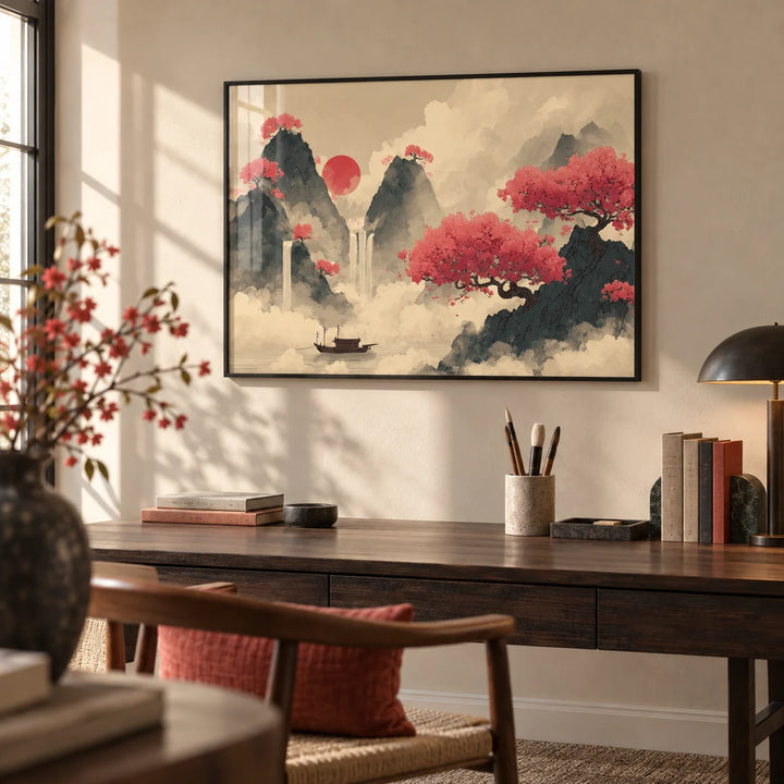 Chinese Ink Wall Art, framed on the wall of a calm study