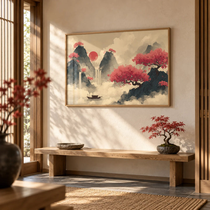 Chinese Ink Wall Art, framed on the wall of a Japanese-style entryway