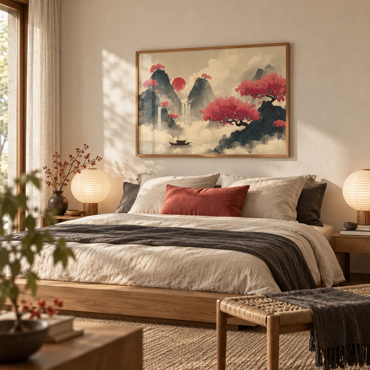 Chinese Ink Wall Art, framed on the wall of a serene bedroom