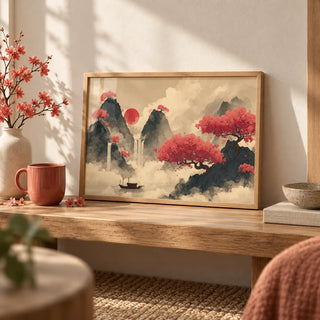 Chinese Ink Wall Art, a small A4 framed print leaning on a low oak bench in a living room