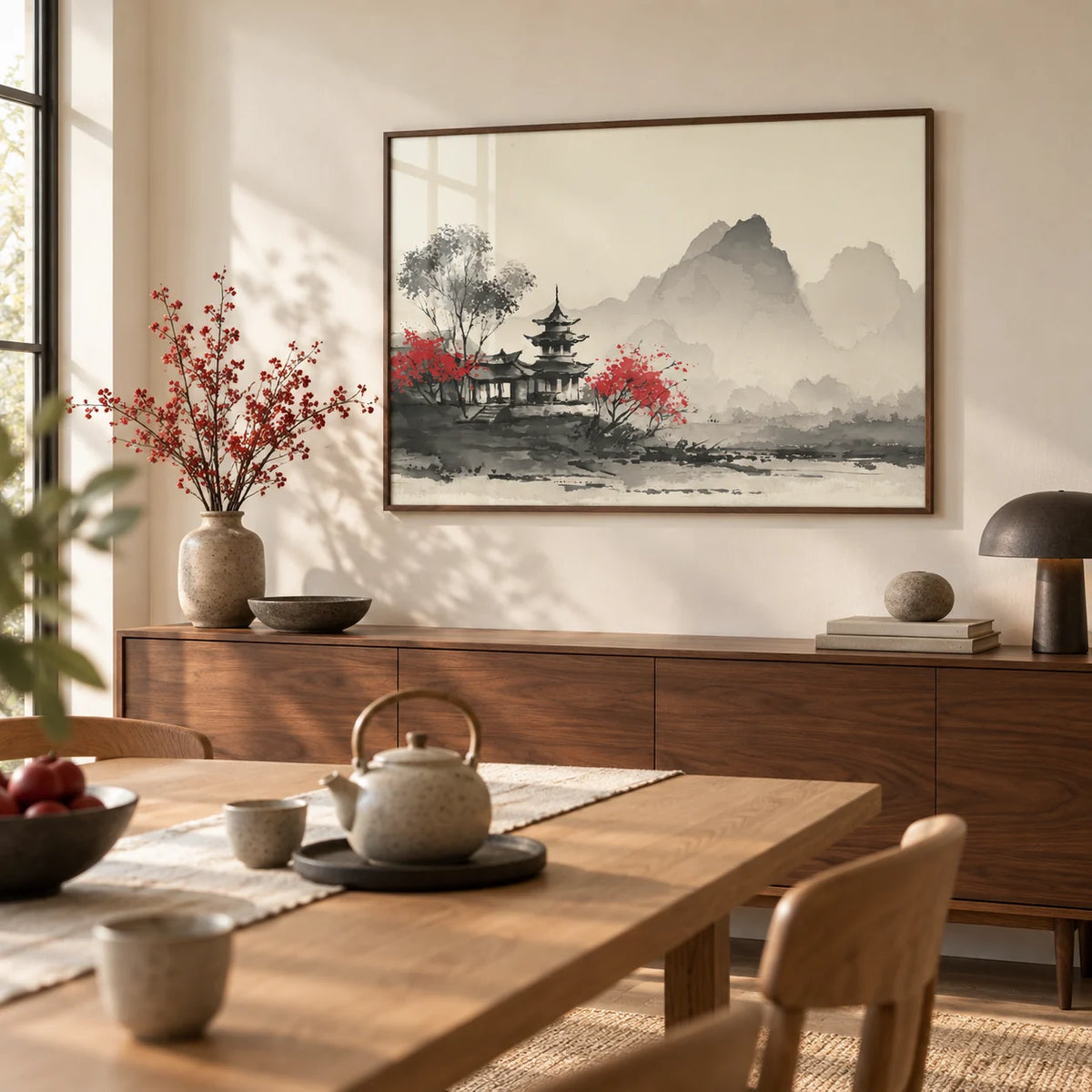 Chinese Landscape Art Print, framed on the wall of a calm dining room with a soft cream wall