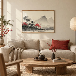 Chinese Landscape Art Print, framed on the wall of a calm Japandi living room with a warm cream plaster wall
