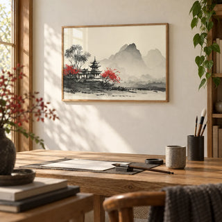 Chinese Landscape Art Print, framed on the wall of a calm study with a cream wall