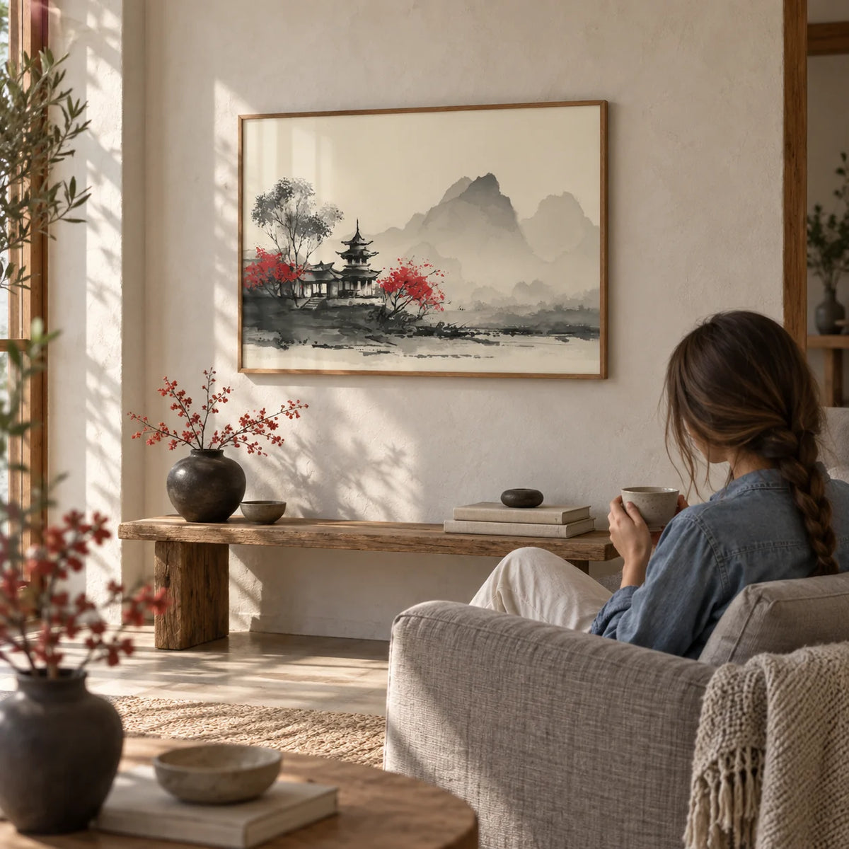 Chinese Landscape Art Print, framed on the wall of a quiet tea corner with a limewashed wall in a living room