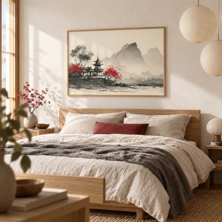 Chinese Landscape Art Print, framed on the wall of a serene bedroom with a soft white wall