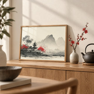 Chinese Landscape Art Print, a small A4 framed print leaning on an oak sideboard in a living room