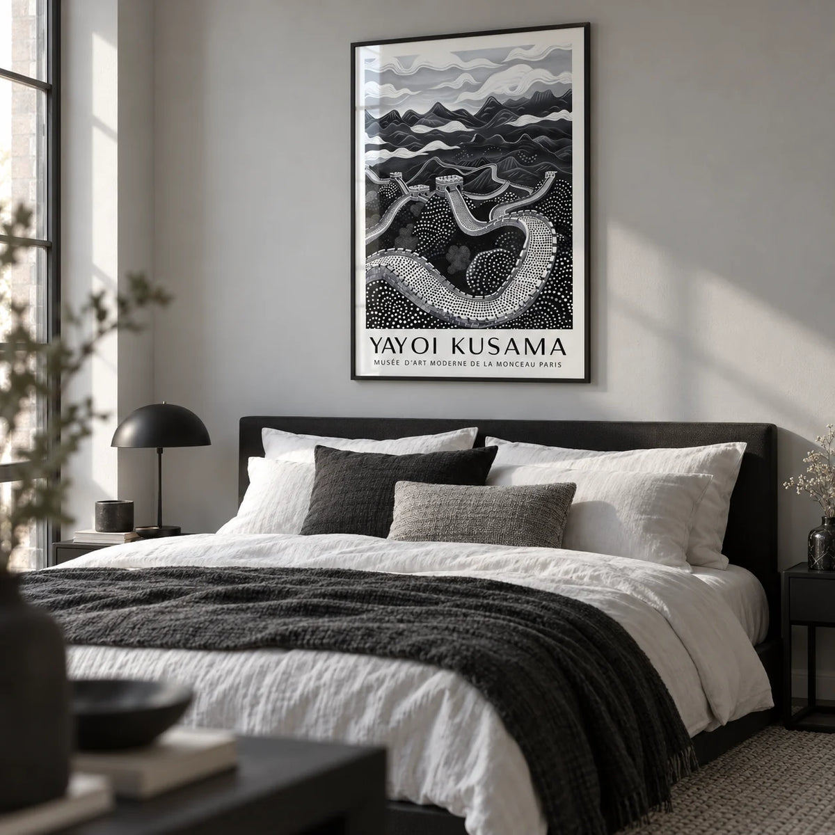 Chinese Wall Art, framed on the wall of a calm monochrome bedroom with a soft grey wall