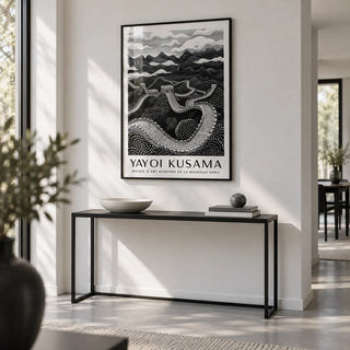 Chinese Wall Art, framed on the wall of a crisp hallway with a white wall and a pale grey floor