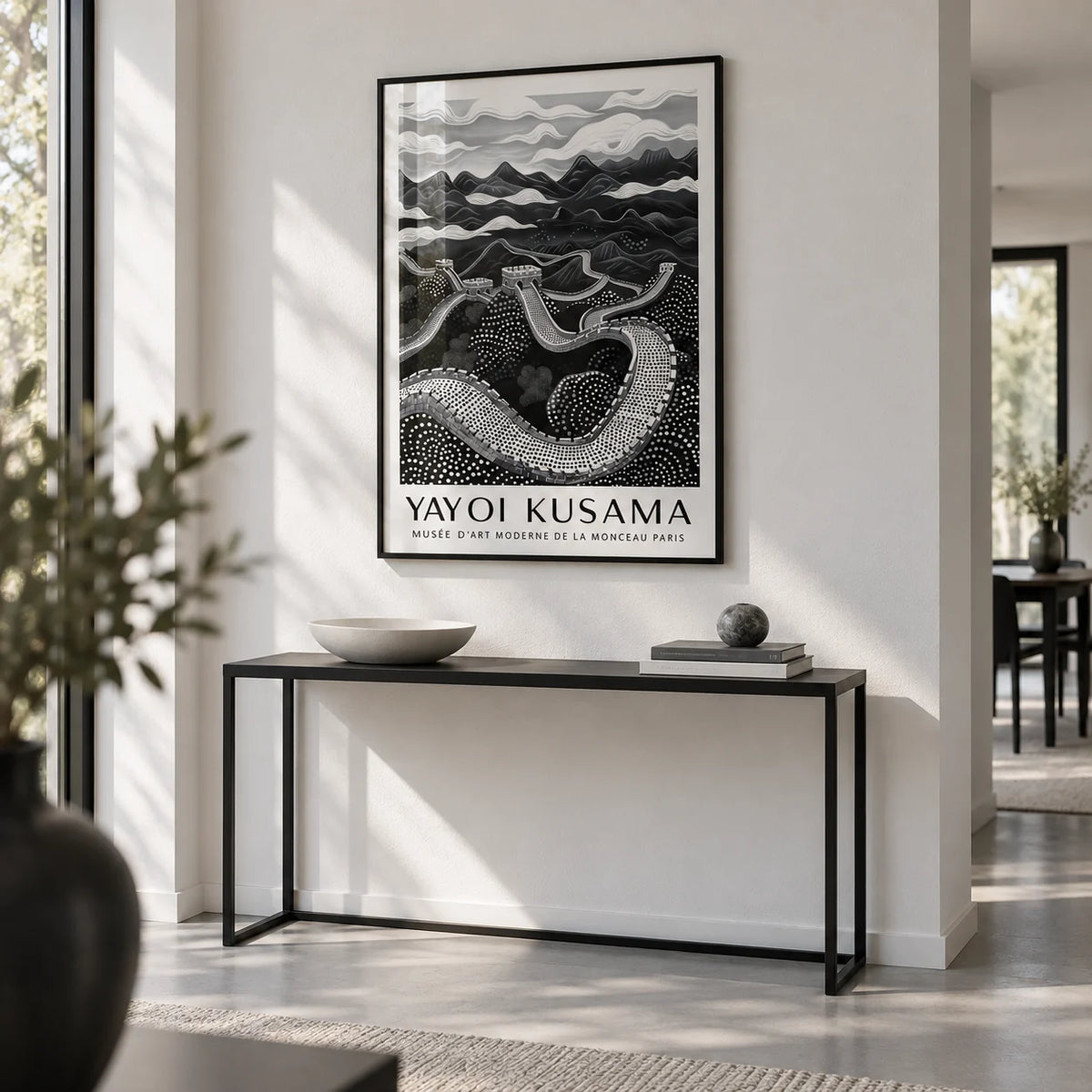 Chinese Wall Art, framed on the wall of a crisp hallway with a white wall and a pale grey floor