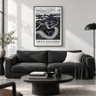 Chinese Wall Art, framed on the wall of a design-led monochrome city flat living room with a white wall and a polished concrete floor