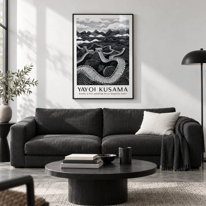 Chinese Wall Art, framed on the wall of a design-led monochrome city flat living room with a white wall and a polished concrete floor