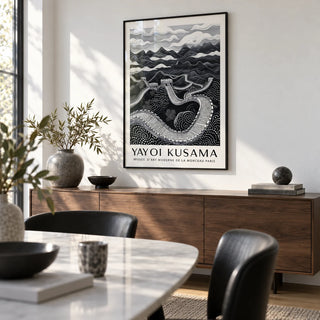 Chinese Wall Art, framed on the wall of a modern dining room with a white wall