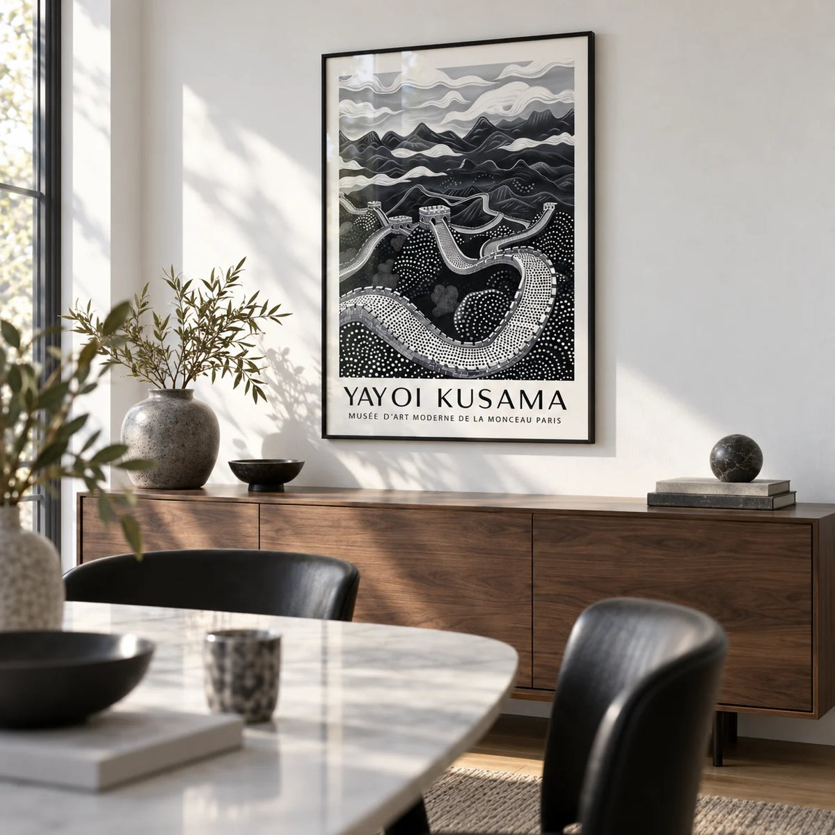 Chinese Wall Art, framed on the wall of a modern dining room with a white wall