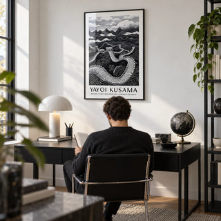 Chinese Wall Art, framed on the wall of a modern home study with a white wall